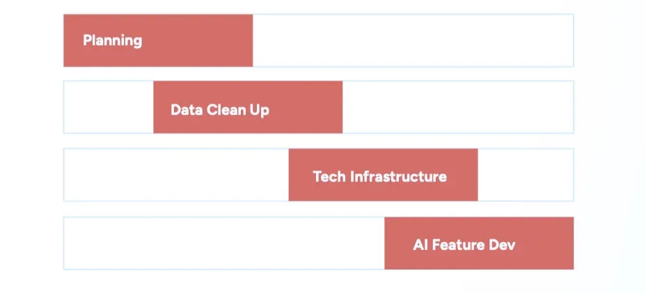 Sequential staged roadmap: Planning, Data Clean Up, Tech Infrastructure, AI Feature Dev