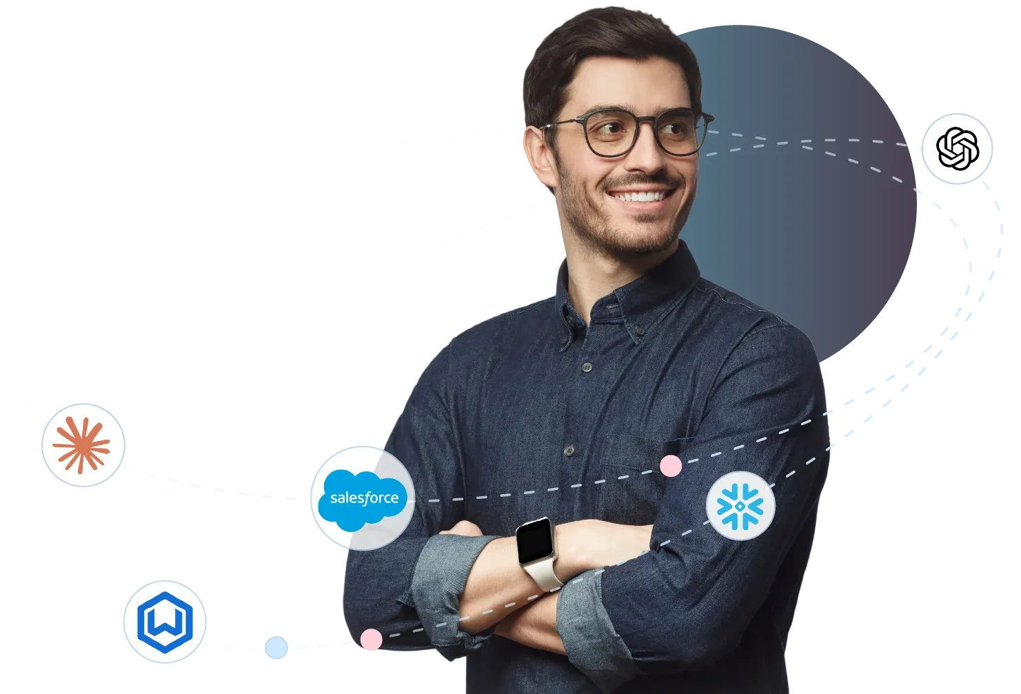 Tyler Murphy, Impruve founder, surrounded by integrations: Salesforce, Wealthbox, ChatGPT, Snowflake